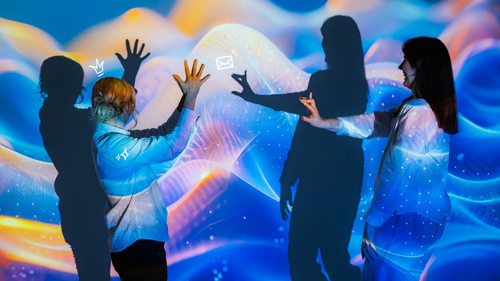 A dynamic image of two CV-Online Recruitment team members interacting with a colorful light projection, symbolizing digital communication and innovative client connection, featuring mailbox and crown doodles.